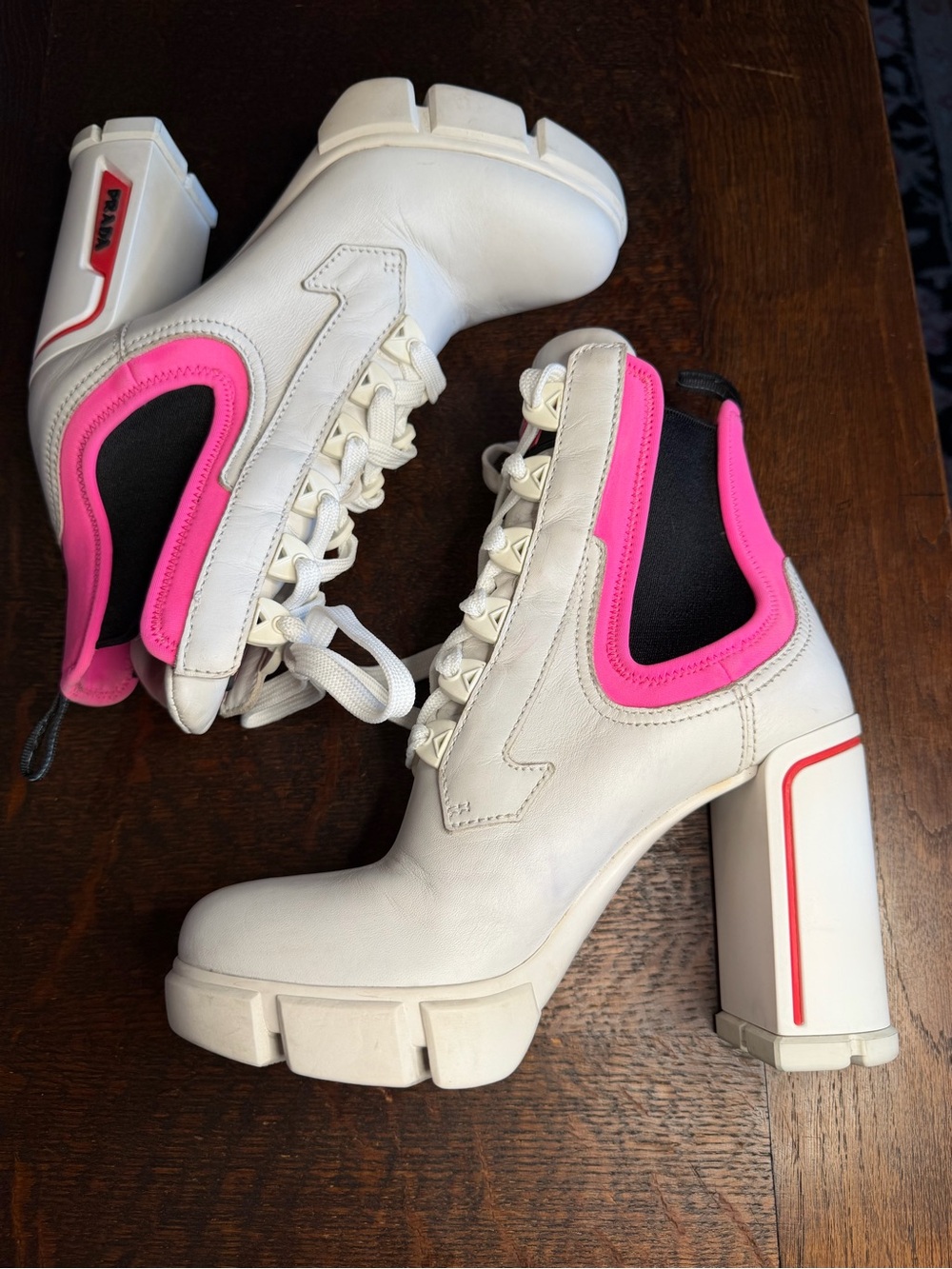 Prada White Leather & Neon Pink Neoprene Chunky Heel Lace Up Boots IT 6.5 - Picture 6 of 16
